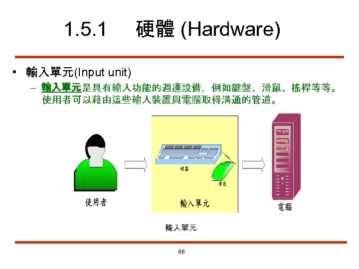1. 5. 1 硬體 (Hardware) • 輸入單元(Input unit) – 輸入單元是具有輸入功能的週邊設備，例如鍵盤、滑鼠、搖桿等等。 使用者可以藉由這些輸入裝置與電腦取得溝通的管道。 輸入單元 66 