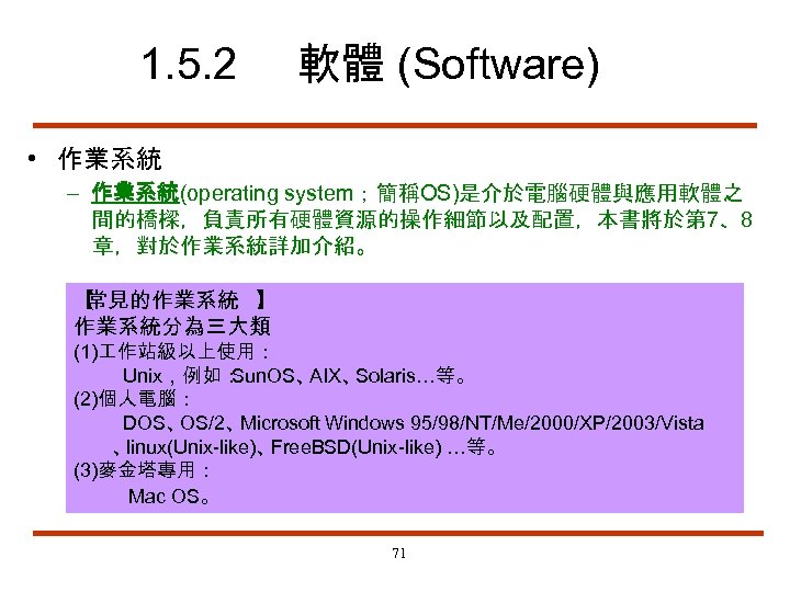 1. 5. 2 軟體 (Software) • 作業系統 – 作業系統(operating system；簡稱OS)是介於電腦硬體與應用軟體之 間的橋樑，負責所有硬體資源的操作細節以及配置，本書將於第 7、8 章，對於作業系統詳加介紹。 【