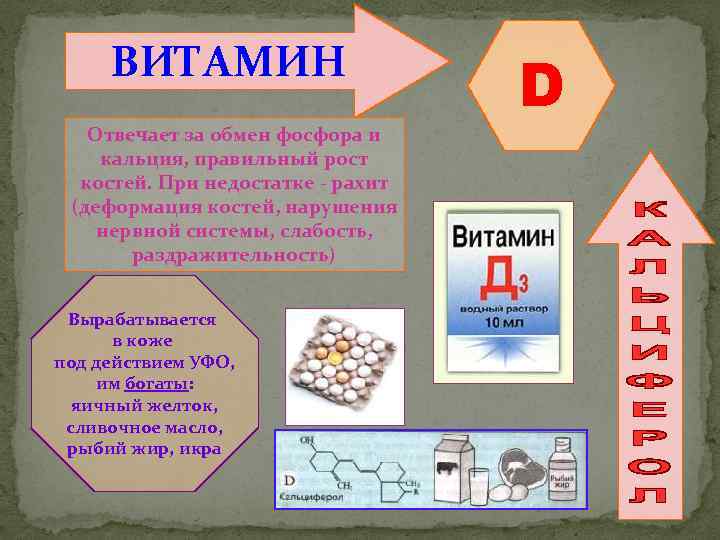 ВИТАМИН Отвечает за обмен фосфора и кальция, правильный рост костей. При недостатке - рахит