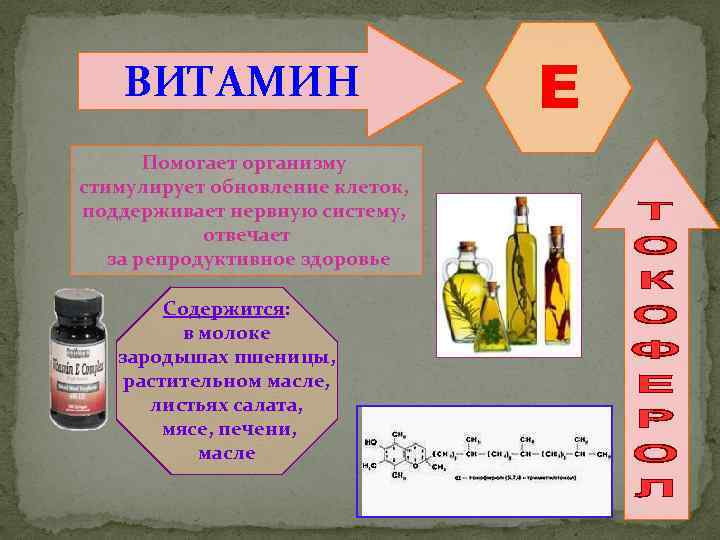 ВИТАМИН Помогает организму стимулирует обновление клеток, поддерживает нервную систему, отвечает за репродуктивное здоровье Содержится: