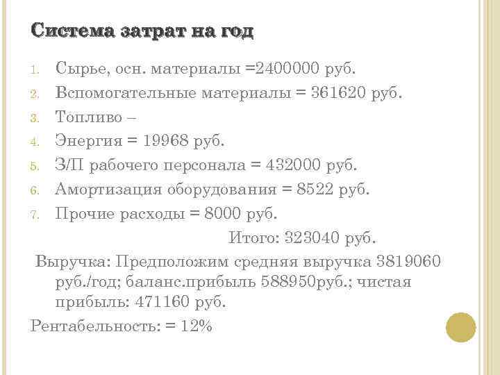 Система затрат на год Сырье, осн. материалы =2400000 руб. 2. Вспомогательные материалы = 361620