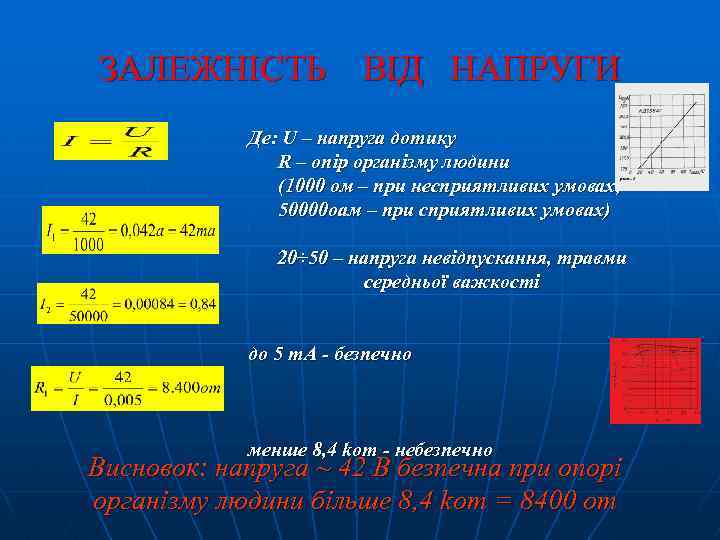 ЗАЛЕЖНІСТЬ ВІД НАПРУГИ Де: U – напруга дотику R – опір організму людини (1000