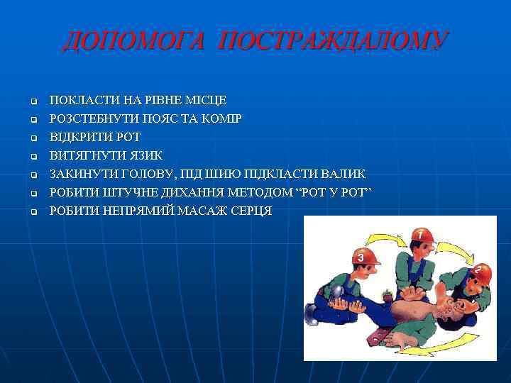 ДОПОМОГА ПОСТРАЖДАЛОМУ q q q q ПОКЛАСТИ НА РІВНЕ МІСЦЕ РОЗСТЕБНУТИ ПОЯС ТА КОМІР