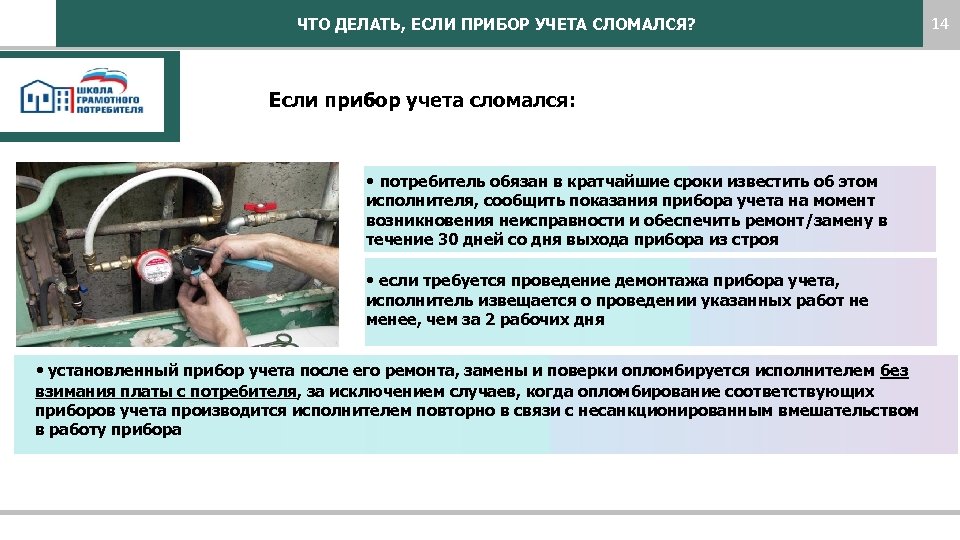 ЧТО ДЕЛАТЬ, ЕСЛИ ПРИБОР УЧЕТА СЛОМАЛСЯ? 14 Если прибор учета сломался: • потребитель обязан