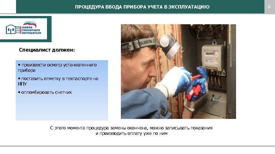 Произвести осмотр. Процедура ввода. Как узнать о вводе в эксплуатацию счетчика. Приборный ввод. Электропетросбыт постановка прибора.