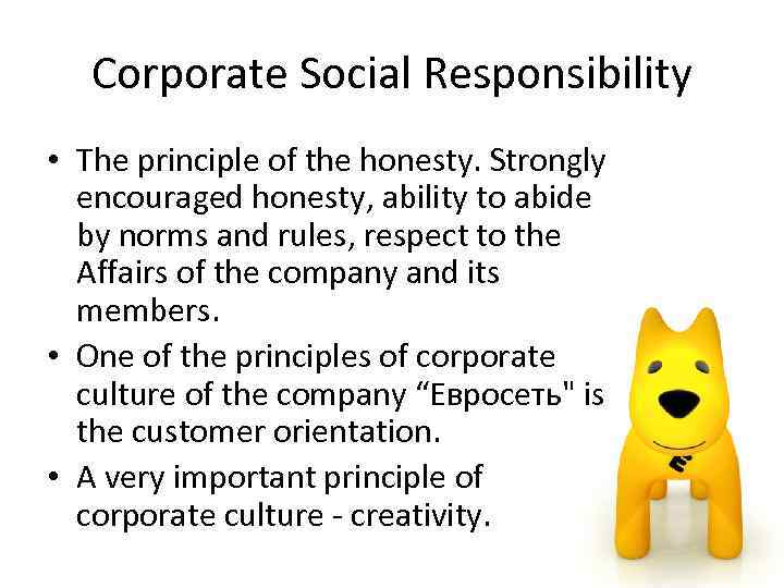 Corporate Social Responsibility • The principle of the honesty. Strongly encouraged honesty, ability to