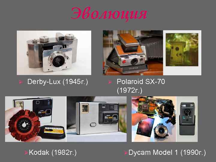 Эволюция Ø Derby-Lux (1945 г. ) ØKodak (1982 г. ) Ø Polaroid SX-70 (1972
