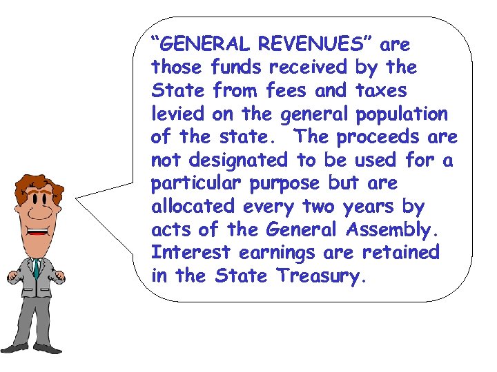 “GENERAL REVENUES” are those funds received by the State from fees and taxes levied