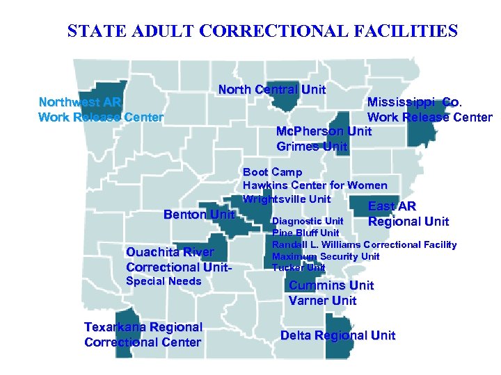 STATE ADULT CORRECTIONAL FACILITIES Northwest AR Work Release Center North Central Unit Mississippi Co.