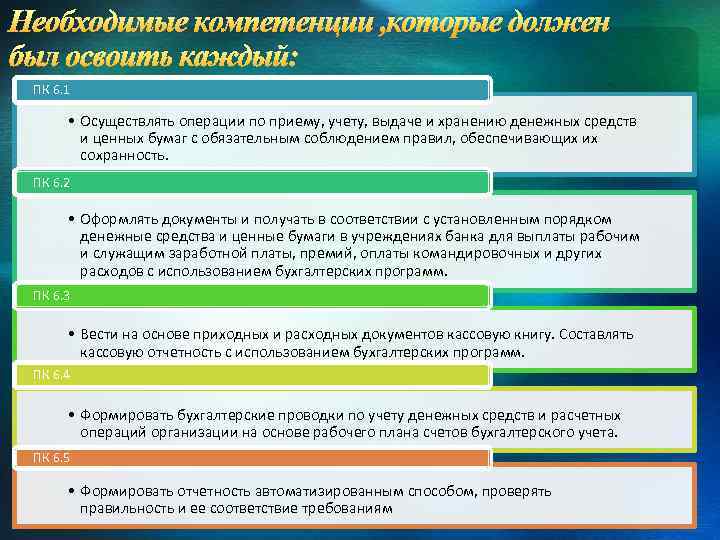 Необходимые компетенции , которые должен был освоить каждый: ПК 6. 1 • Осуществлять операции