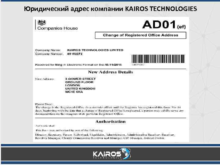 Юридический адрес компании KAIROS TECHNOLOGIES 