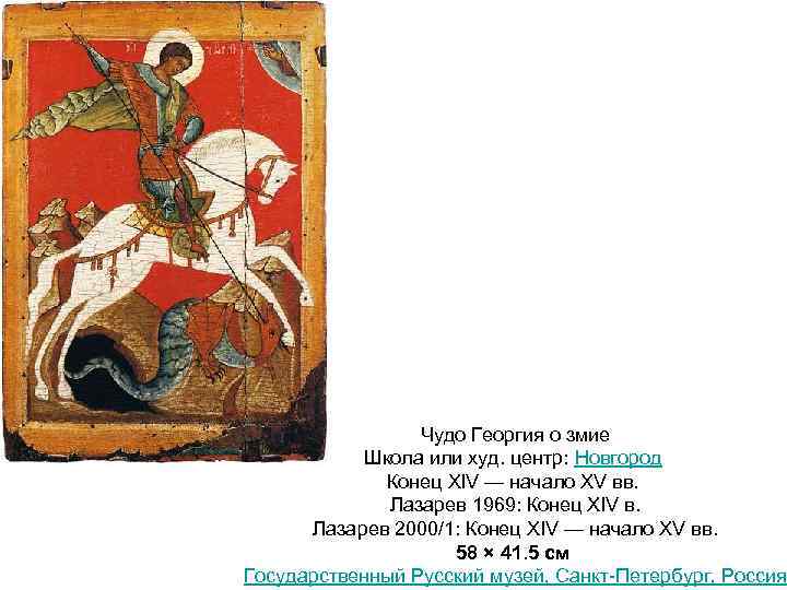 Чудо Георгия о змие Школа или худ. центр: Новгород Конец XIV — начало XV