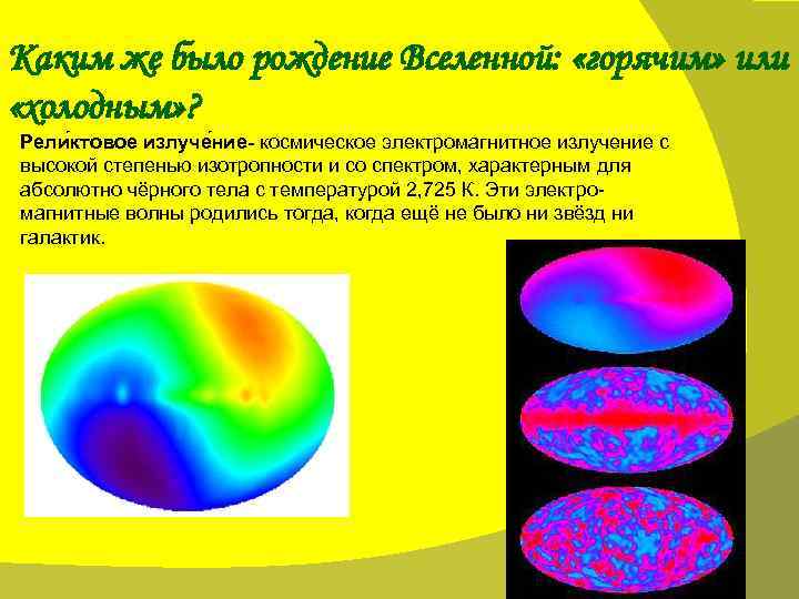 Каким же было рождение Вселенной: «горячим» или «холодным» ? Рели ктовое излуче ние- космическое