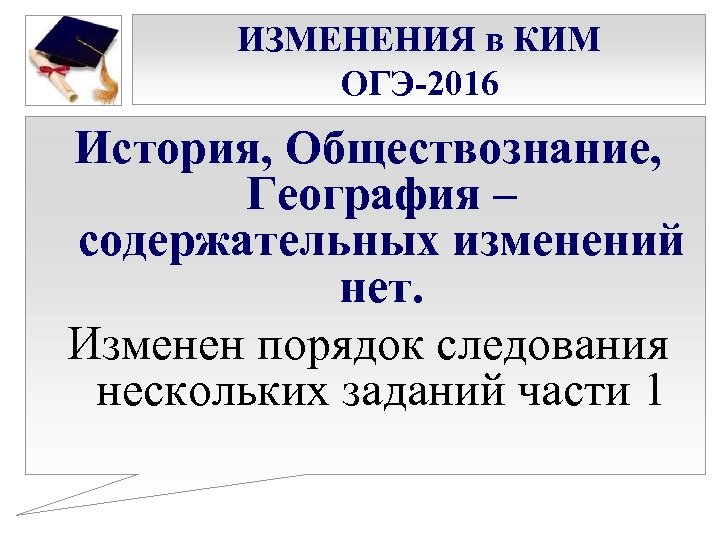 ИЗМЕНЕНИЯ в КИМ ОГЭ-2016 История, Обществознание, География – содержательных изменений нет. Изменен порядок следования