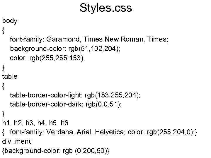 Styles. css body { font-family: Garamond, Times New Roman, Times; background-color: rgb(51, 102, 204);