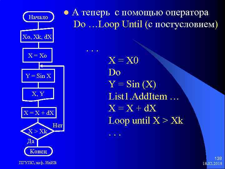 l Начало А теперь с помощью оператора Do …Loop Until (с постусловием) Xo, Xk,