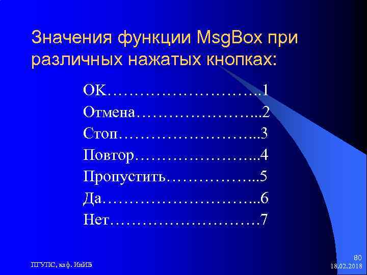 Значения функции Msg. Box при различных нажатых кнопках: OK……………. . 1 Отмена…………………. . .