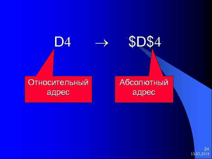 D 4 $D$4 Относительный адрес Абсолютный адрес 24 13. 02. 2018 