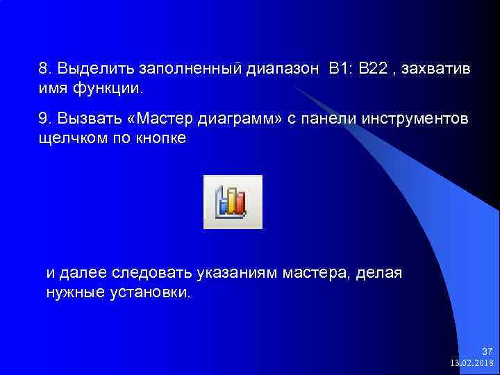 8. Выделить заполненный диапазон В 1: В 22 , захватив имя функции. 9. Вызвать