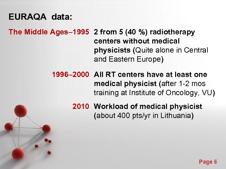 EURAQA data: The Middle Ages– 1995 2 from 5 (40 %) radiotherapy centers without