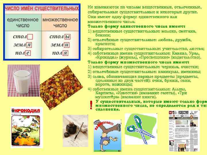 Не изменяются по числам вещественные, отвлеченные, собирательные существительные и некоторые другие. Они имеют одну