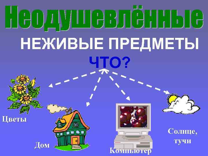 НЕЖИВЫЕ ПРЕДМЕТЫ ЧТО? Цветы Дом Солнце, тучи Компьютер 