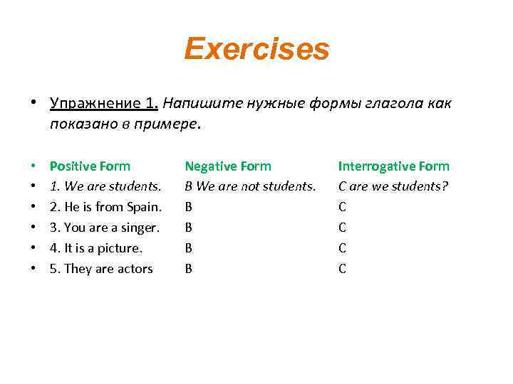 Exercises • Упражнение 1. Напишите нужные формы глагола как показано в примере. • •