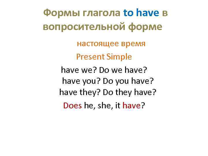  Формы глагола to have в вопросительной форме настоящее время Present Simple have we?