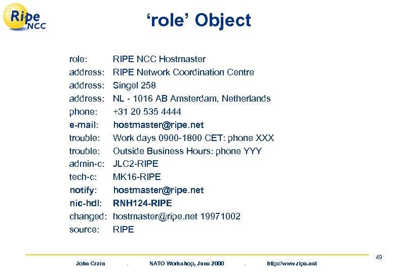 ‘role’ Object role: address: phone: e-mail: trouble: admin-c: tech-c: notify: nic-hdl: changed: source: John