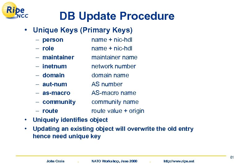 DB Update Procedure • Unique Keys (Primary Keys) – person name + nic-hdl –