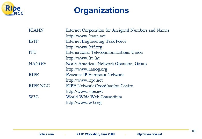 Organizations ICANN Internet Corporation for Assigned Numbers and Names http: //www. icann. net Internet