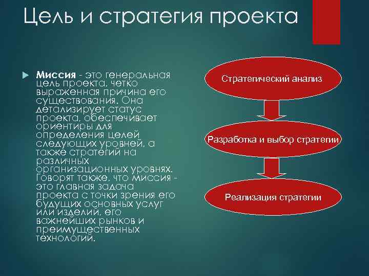 Цель и стратегия проекта Миссия - это генеральная цель проекта, четко выраженная причина его