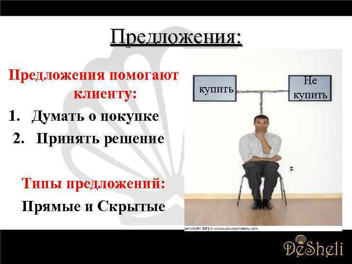 Предложения: Предложения помогают клиенту: 1. Думать о покупке 2. Принять решение Типы предложений: Прямые