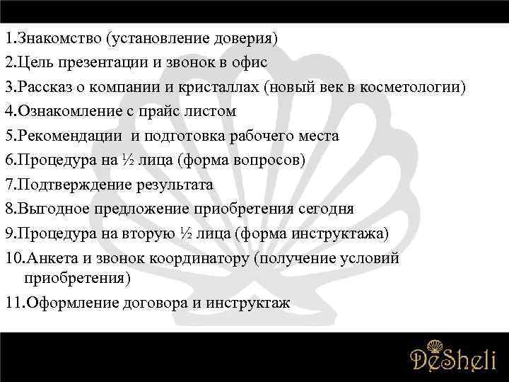 1. Знакомство (установление доверия) 2. Цель презентации и звонок в офис 3. Рассказ о