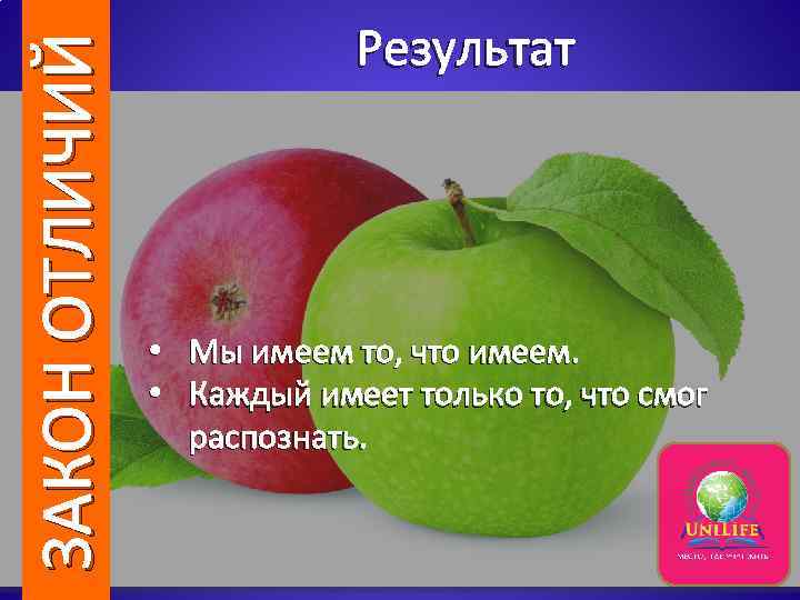 ЗАКОН ОТЛИЧИЙ Результат • Мы имеем то, что имеем. • Каждый имеет только то,