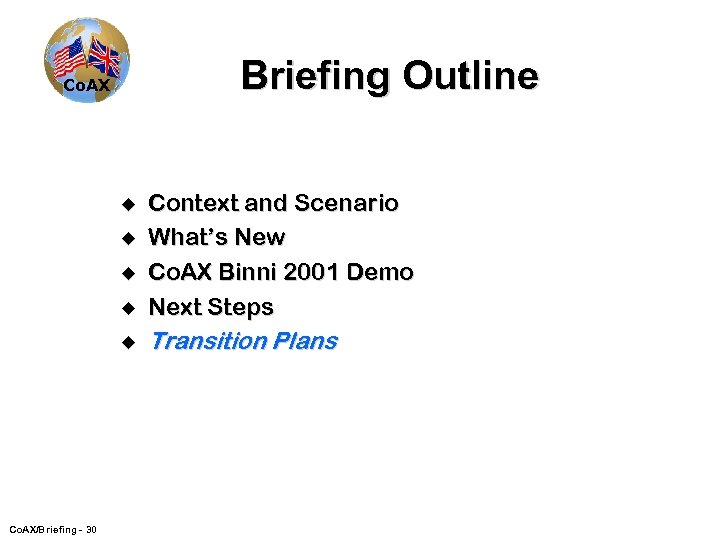 Briefing Outline Co. AX u Context and Scenario What’s New Co. AX Binni 2001