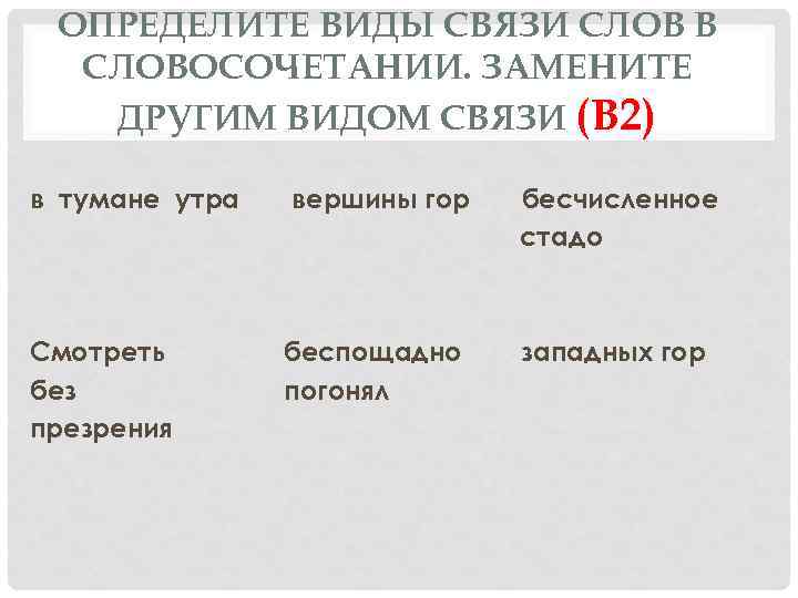 ОПРЕДЕЛИТЕ ВИДЫ СВЯЗИ СЛОВ В СЛОВОСОЧЕТАНИИ. ЗАМЕНИТЕ ДРУГИМ ВИДОМ СВЯЗИ (В 2) в тумане