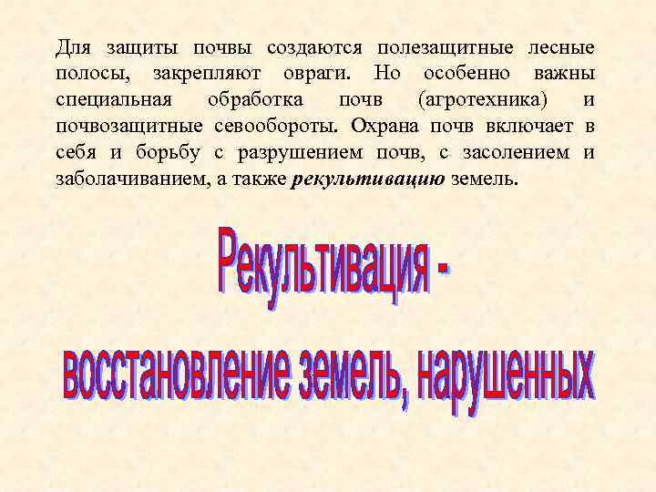 Для защиты почвы создаются полезащитные лесные полосы, закрепляют овраги. Но особенно важны специальная обработка