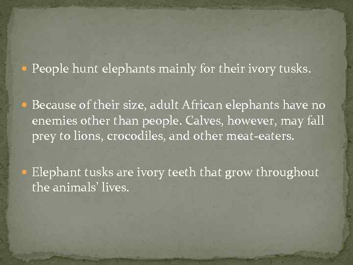  People hunt elephants mainly for their ivory tusks. Because of their size, adult