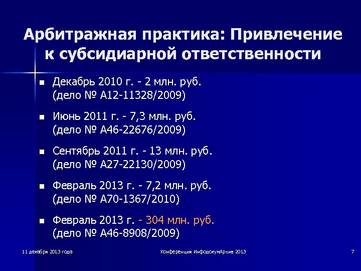 Арбитражная практика: Привлечение к субсидиарной ответственности n Декабрь 2010 г. 2 млн. руб. (дело