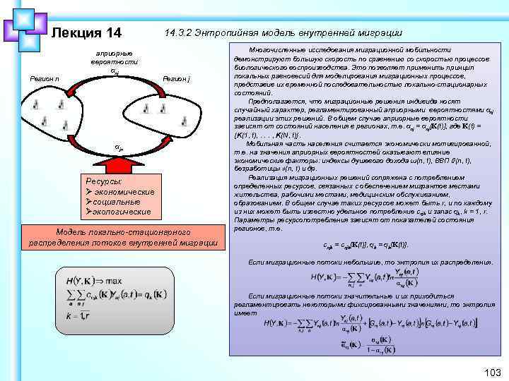 Лекция 14 Регион n априорные вероятности αnj 14. 3. 2 Энтропийная модель внутренней миграции