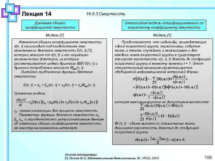 Лекция 14 14. 5. 3 Смертность Динамика общего коэффициента смертности Модель [1] Энтропийная модель