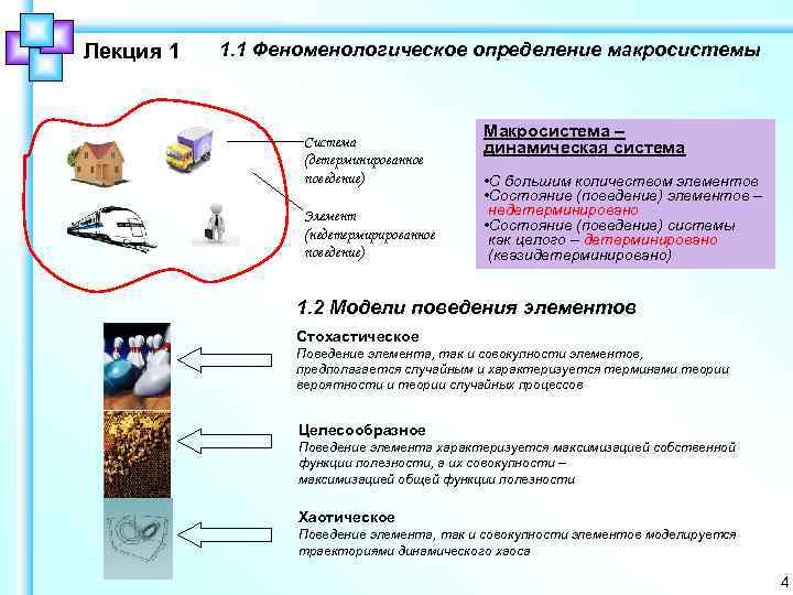 Лекция 1 1. 1 Феноменологическое определение макросистемы Система (детерминированное поведение) Элемент (недетермирированное поведение) Макросистема