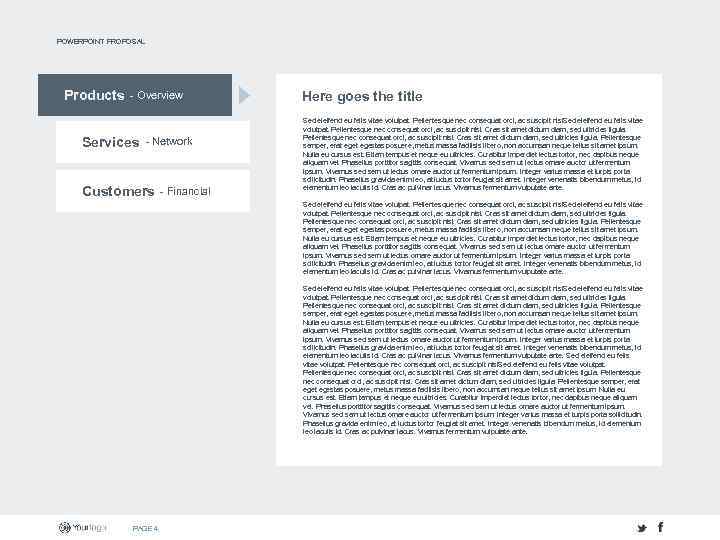 POWERPOINT PROPOSAL Products - Overview Services v - Network Customers - Financial v Here