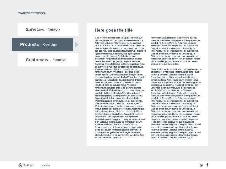 POWERPOINT PROPOSAL Services Products v - Network - Overview Customers - Financial v PAGE