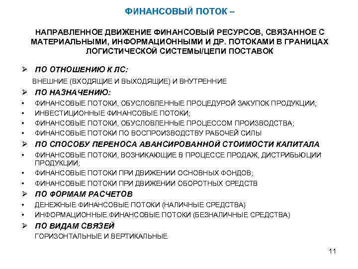 ФИНАНСОВЫЙ ПОТОК – НАПРАВЛЕННОЕ ДВИЖЕНИЕ ФИНАНСОВЫЙ РЕСУРСОВ, СВЯЗАННОЕ С МАТЕРИАЛЬНЫМИ, ИНФОРМАЦИОННЫМИ И ДР. ПОТОКАМИ
