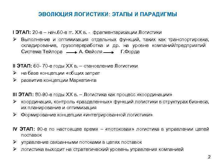 ЭВОЛЮЦИЯ ЛОГИСТИКИ: ЭТАПЫ И ПАРАДИГМЫ I ЭТАП: 20 -е – нач. 60 -е гг.