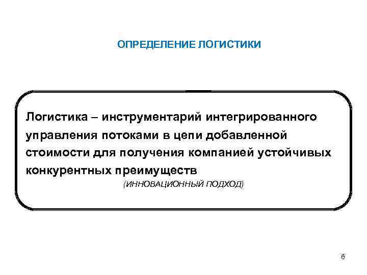 ОПРЕДЕЛЕНИЕ ЛОГИСТИКИ Логистика – инструментарий интегрированного управления потоками в цепи добавленной стоимости для получения