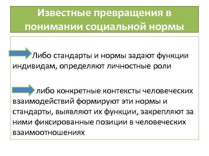 Известные превращения в понимании социальной нормы Либо стандарты и нормы задают функции индивидам, определяют