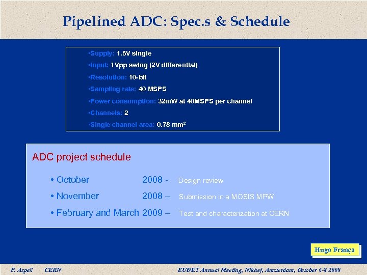 Pipelined ADC: Spec. s & Schedule • Supply: 1. 5 V single • Input: